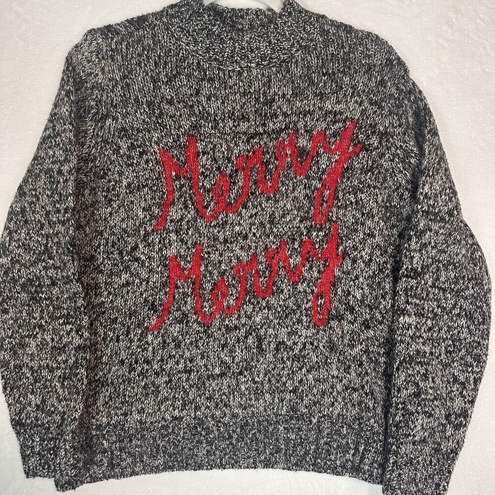LOFT Women L Merry Merry Holiday Sweater Gray Red Mock Neck Christmas Festive
